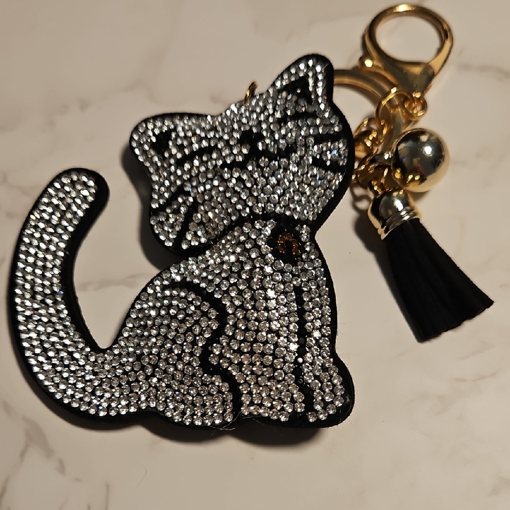 Sparkling Rhinestone  Black KittyCat Keychain Or Purse Charm